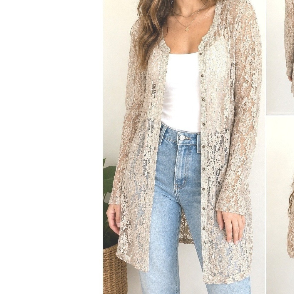 Mystree Women Beige Metallic Lace Sheer Button Down Cardigan Old Money Coquettte